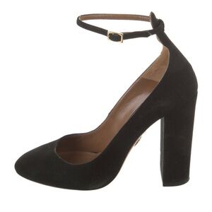 Aquazzura Suede Ankle Strap Closed Toe Pumps Block Heels